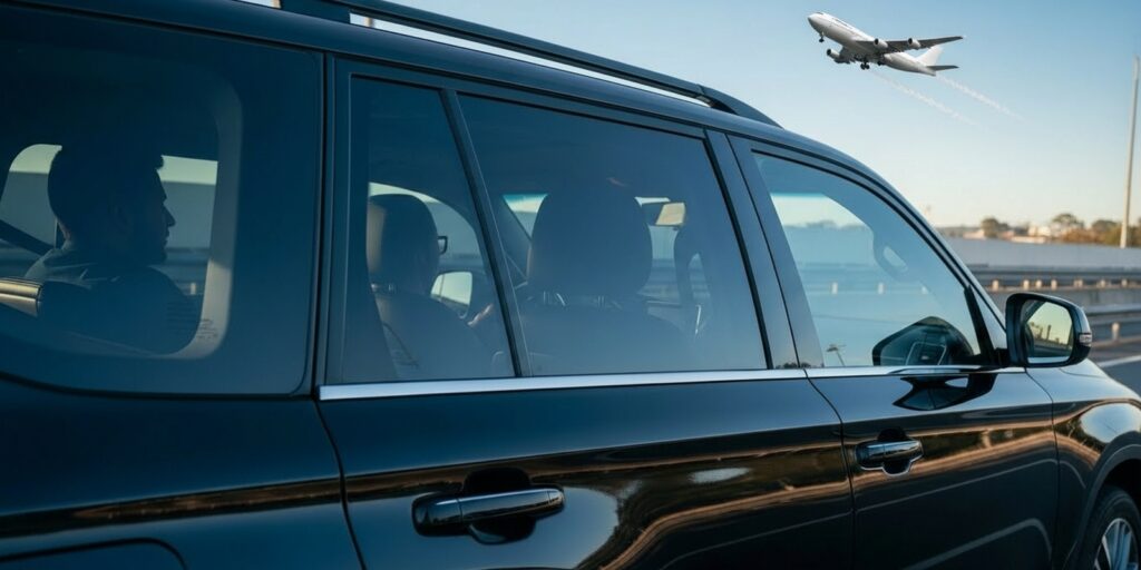 SUV executivo com motorista realizando transfer para o Aeroporto de Confins, em Belo Horizonte, com passageiro.